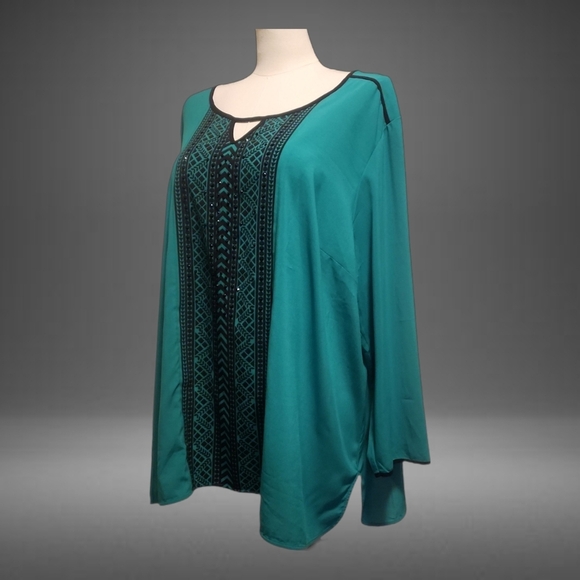 ❥Very Ritzy Catherine's teal top with striking black geometric pattern accents - Picture 2 of 6